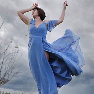 Lulu's Easy Listening Slate Blue Cold-Shoulder Wrap Maxi Dress Medium